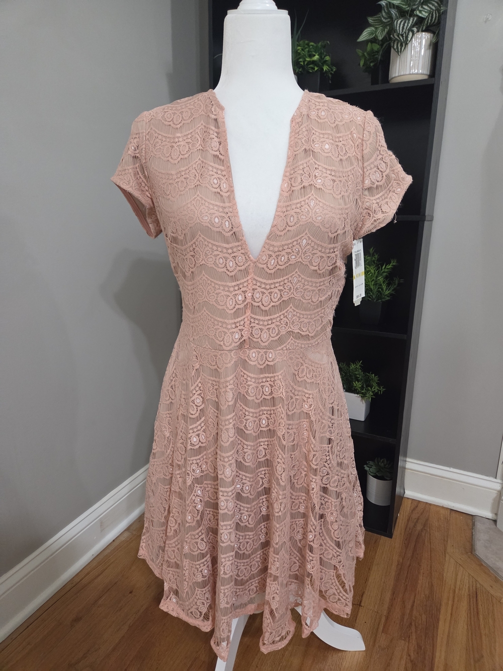 Lace V-Neck Fit & Flare Dress in Blush Pink